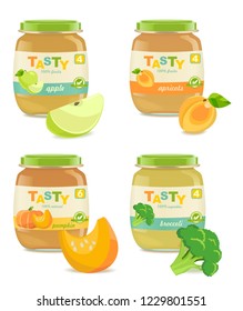 Set of four baby puree jars. Unique design of label. Vector
