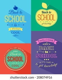 Set of four back to school typographical backgrounds. Flat design. Vector illustration.
