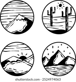 Set of Four Background Icon Illustration with Circle Style. label with Mountain, Sun, Sky and Sand with Summer theme