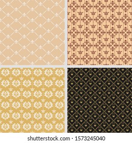 Set of four background wallpapers in the retro style for your design. Royal style. Colors image: black, brown, gold, beige. Graphic design templates, background seamless patterns. Vector set.