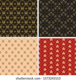 Set of four background wallpapers in vintage style for your design. Royal style. Colors image: black, red, gold, brown. Graphic design templates, background seamless patterns. Vector set.