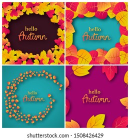 Set of four backgrounds with autumn leaves and place for your text.  Card design for fall season banner or poster. Vector illustration