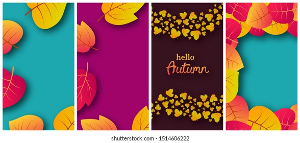Set of four backgrounds with autumn leaves and place for your text.  Stories banner design for fall season banner or poster. Vector illustration