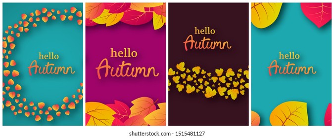 Set of four backgrounds with autumn leaves and place for your text.  Stories banner design for fall season banner or poster. Vector illustration
