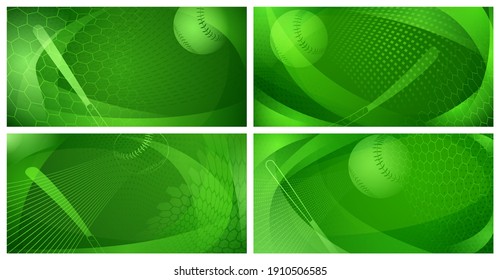 Set of four backgrounds with baseball bat and ball in green colors