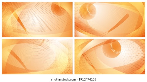 Set of four backgrounds with baseball bat and ball in light yellow colors