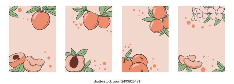 Conjunto de cuatro fondos con melocotones con hojas y flores, perfecto para diseños veraniegos. Plantilla con frutas maduras. Diseño para volante de Vertical, folleto, folleto, folleto, cartel o anuncio, Vector