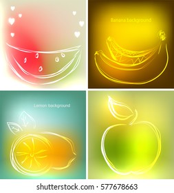 Set of four backgrounds or greeting cards with watermelon, bananas, lemon and apple in beautiful colors. Vector illustrations, sketches 
