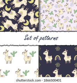 A set of four backgrounds with llamas. Decorative wallpaper for the nursery in the Scandinavian style. Vector. Suitable for children's clothing, interior design, packaging, printing.