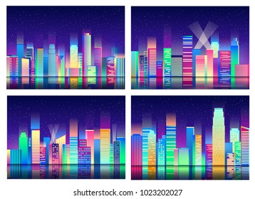 Set of four backgrounds of neon cities in a flat style