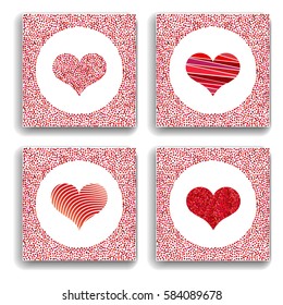 Set of four backgrounds with red hearts. Symbol of love. Elements for wedding template.
