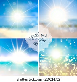 Set of four backgrounds. Sky with summer sun burst. Vector illustration.