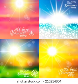 Set of four backgrounds. Sky with summer sun burst. Vector illustration.