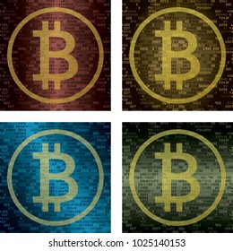 Set of four backgrounds with symbol of bitcoin. Cryptocurrency and blockchain technology concept. Vector Illustration.