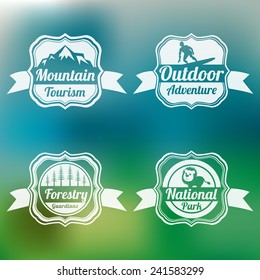 Set of four badge of mountain tourism, outdoor adventure, forestry guardians and national park on stylish background.