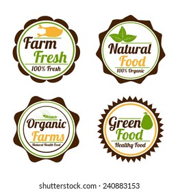 Set of four badges of farm fresh, natural food, organic farms and green food shop on white background.