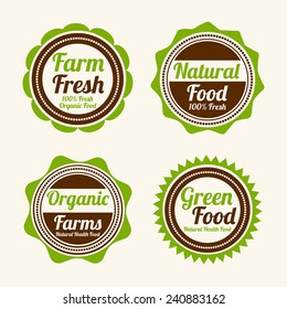 Set of four badges of farm fresh, natural food, organic farms and green food shop on beige  background.