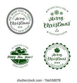 Set of Four Badges New Year Theme, Merry Christmas. With Hand Drawn Lettering, Bell, Snowflake. Collection Isolated on White Background. Green Logo Emblems Vector Illustration.