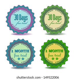 Set of four badges with the text free trial written on each of them