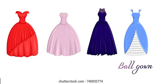 A set of four ball dresses of different styles and colors