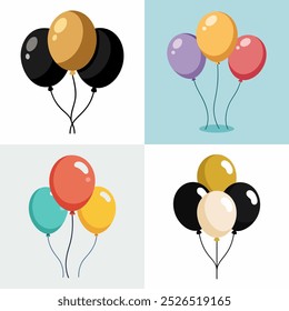 A set of four balloons in different colors and sizes. The balloons are arranged in a way that they look like they are floating in the air. The colors of the balloons are red, yellow, blue, and black