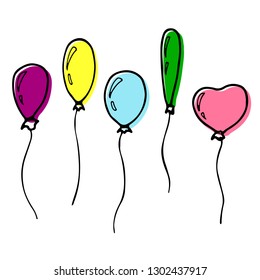 Set of four balloons of different shapes and colors on strings. Hand drawn with ink and brush. Sketchy doodle style. Concept for Valentine’s day, recreational, recreation park item, festival, toys