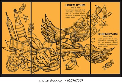 A set of four banner templates. Envelope, pencil, donuts, marker, heart with wings and flowers. Drawing for coloring.