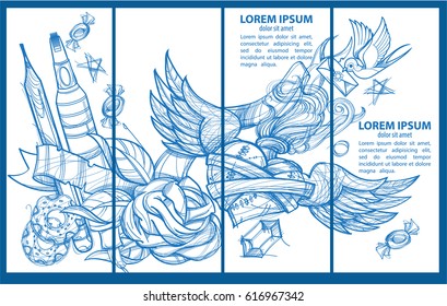 A set of four banner templates. Envelope, pencil, donuts, marker, heart with wings and flowers. Drawing for coloring.