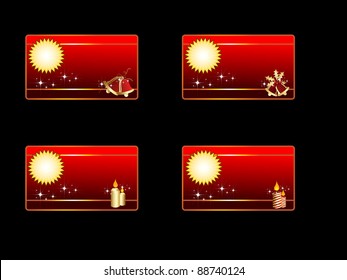 juego de cuatro banderas o tarjetas con campanas y velas en color dorado y rojo para Navidad y otras ocasiones.