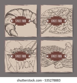 Set of four banners with croissant, pizza, wok and waffles sketches. Street food series. Great for market, restaurant, cafe, food label design.