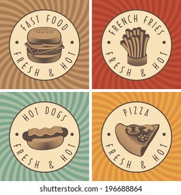 Set of four banners with fast food and pizza in retro style