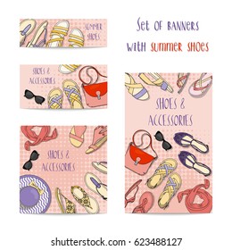 Set of four banners with female summer shoes and accessories.