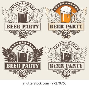 set of four banners with glass of beer and wings