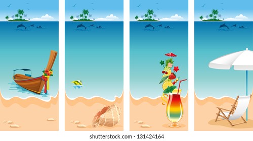 Set of four banners on vacations theme. Relaxing scene on a breezy day at the tropical beach.