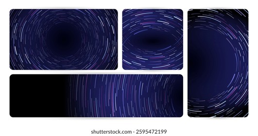 a set of four banners radial stripes futuristic lines with a blue background and a purple light with space for your text, business cards templates, banner, flyer, covering calendar, webs banners, sign