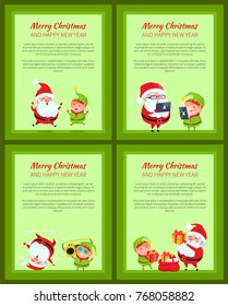 Set of four banners with Santa Claus and elf that are using gadgets and having fun, frames vector illustration isolated on light green backgrounds