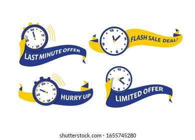 Set von vier Bannern mit Text Last Minute Angebot, Flash-Verkauf Angebot, beeilen Sie sich, begrenztes Angebot. Vektorillustration.