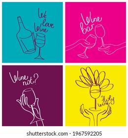 Set of four banners for wine bar and wine lovers, simply lines style, funky style palette, vector illustration