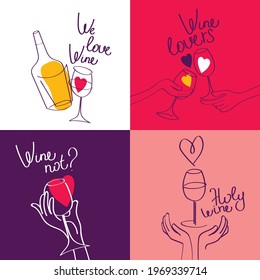 Set of four banners for wine bar and wine lovers, can be used for valentine's day, funky palette, vector illustration