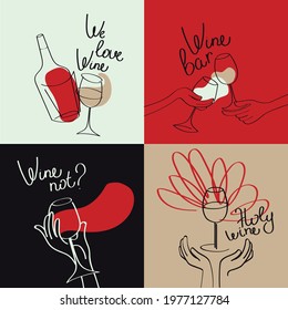 Set of four banners for wine bar and wine lovers, simply lines style, retro palette, vector illustration