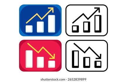 Un conjunto de iconos de gráfico de cuatro barras que muestran el crecimiento y la disminución. Ideal para informes financieros, presentaciones de negocios y estadísticas educativas.
