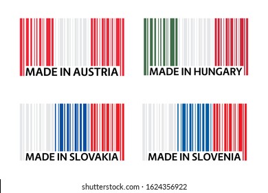 Set of four bar code symbols Made in Austria, Made in Hungary, Made in Slovakia and Made in Slovenia,simple icons, Austrian flag, Hungarian flag, Slovak and Slovenian flag isolated on white background