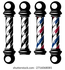 Conjunto de cuatro postes de barbero, dos en blanco y negro y dos en rayas tradicionales rojas, blancas y azules para letreros de barbería.