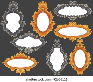 Set of four baroque frames in two different colorways. The golden/orange ones have regular oval inside frames; the grey ones have elaborate inside frames. Inspired by 17th century baroque mirrors.