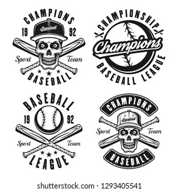 Set of four baseball vector black emblems, badges, labels or t shirt prints in vintage style isolated on white background