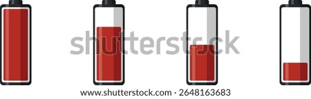 Set of four battery icons showing different low charge levels, red color fill, isolated on black, no background