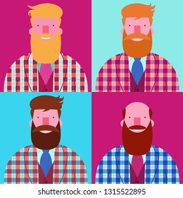 Set of four bearded smiling men hipsters with checked jacket Scottish cage isolated on blue and purple backgrounds