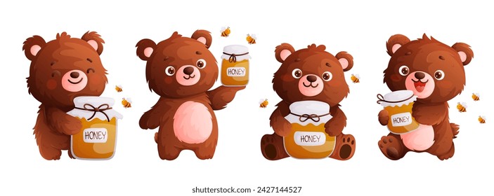 A set of four bears holding a jar of honey in their paws. Cute bear, friendly bees and honey in a glass container. Cartoon style