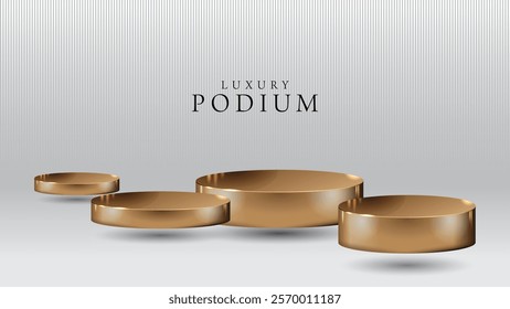 Set of four beatiful golden stage, pedestal or podium in stripped paper studio background. 3D illustration. Perfect background or mockup for cosmetics or fashion. Place your object or product