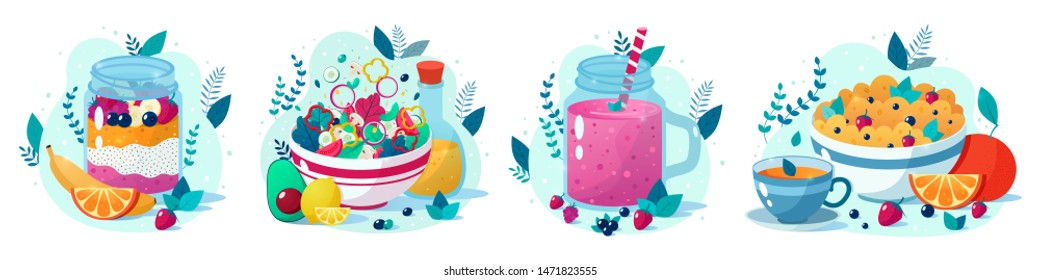 Set of four beatiful healthy food vector illustrations: berry smoothie, vegetable salad, chia seed pudding, oatmeal with cup of tea. Healthy eating